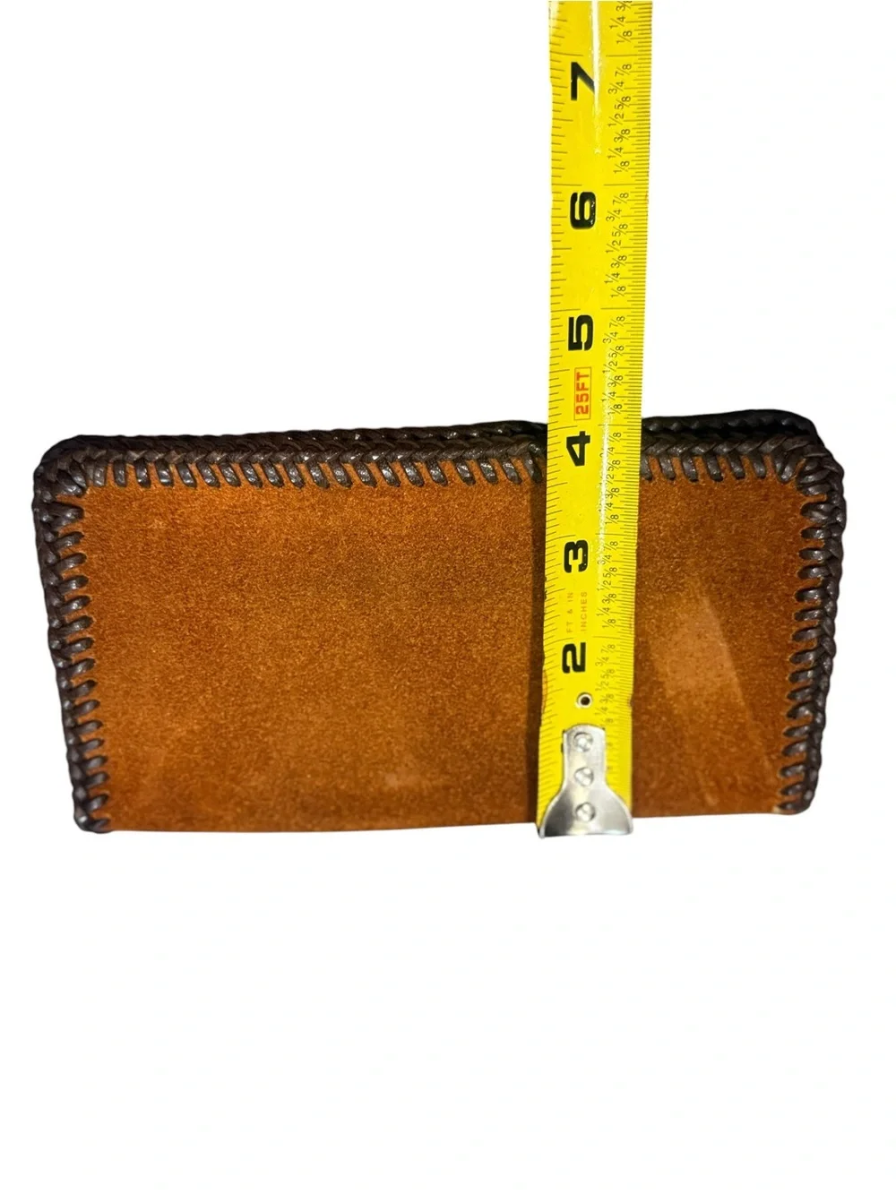 Handstitched Suede Check Holder in Caramel Brown